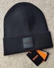 Image of Genuine HUGO BOSS Black 50% Wool Rubber Logo BEANIE Hat 50476454
