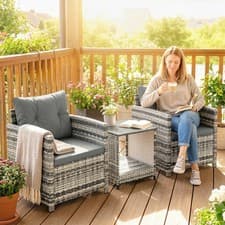 Image of Rattan Bistro Set, Wicker Garden Furniture Set with 2 Tier Table