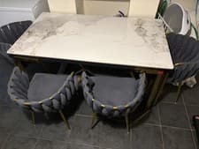 Image of Marble Dining Table With 4 Chairs Set , Size (90*150) Cm Gray