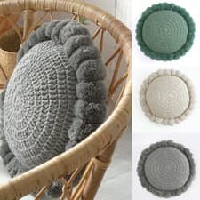 Image of Flower Throw Pillow Tassel Pom Pom Knitted Round Cushion Home Decor Sofa Pillow
