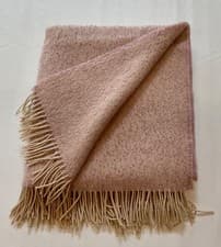 Image of PURE WOOL /MOHAIR Boucle Fringed Throw/Blanket/UK WOVEN. Pale Mauve/Natural.
