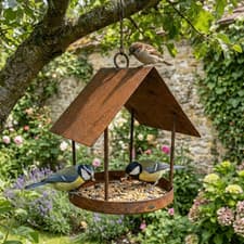 Image of Wild Garden Bird Table Hanging Iron Feeder  & Nut Bird Feeding House & Roof