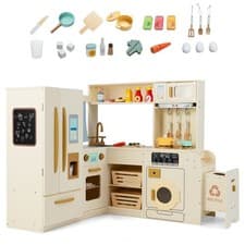 Image of COSTWAY Corner Kitchen Playset Wooden Kids Pretend Play Kitchen w/Fridge-Beige
