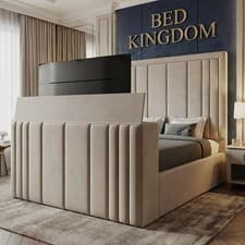 Image of Panel Lined Upholstered TV Bed Frame Double & King Size in Plush Velvet Gas Lift