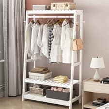 Image of Heavy Duty Bamboo Garment Rack Clothes Hanging Stand Minimalism Wardrobe Closet