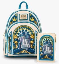 Image of NEW! Loungefly Star Wars R2-D2 Stained Glass Portrait Mini Backpack & WALLET Set