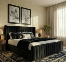 Image of Winged Upholstered Bed Frame Plush Velvet and Naples Fabric Double & King Size