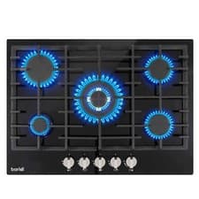 Image of Gas Hob, 70cm, 5 Burner and Cast Iron Pan Supports - Black Gas on Glass - Baridi