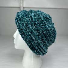 Image of Handmade Teal Chenille Chunky Knit Beanie Slouchy Winter Hat Soft Plush Teal NEW