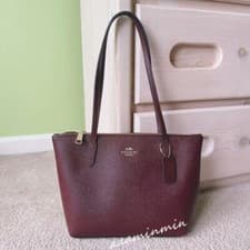 Image of COACH Leather Fiona Zip Tote Shoulder Bag Deep Red Wine Merlot AUTHENTIC CW395