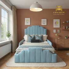 Image of New Kids Bed Frame Crown Panel Plush Velvet Upholstered Gas Lift Storage 2FT6 UK