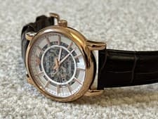 Image of emporio armani ar1983 meccanico brown leather rose gold men's skeleton watch