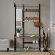Image of Entryway Hallway Coat Hanger Stand & Shoe Bench Storage Display Rack with Mirror