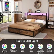 Image of Double Size Bed Frame Metal Platform Bed w/4 Storage Drawers & Storage Headboard