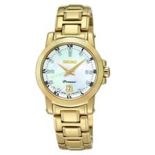 Image of Seiko Women's Premier Diamond Mother of Pearl Dial gold plated Watch SXDG04P1