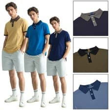 Image of Mens Cotton Polo Shirt Contrast Collar Short Sleeve Casual Classic Fit Pique Top