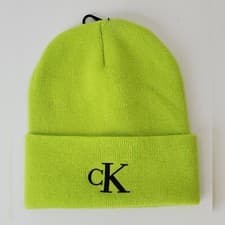 Image of CALVIN KLEIN BEANIE HAT MEN'S EMBROIDERED MONOGRAM LOGO BLACK ONESIZE GREEN NEON