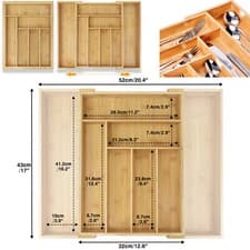 Image of Extendable Bamboo Cutlery Tray Kitchen Drawer Organiser 6-8 Storage Compartments