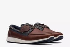Image of CLARKS ATL SAIL GO MEN'S NAVY/TAN LEATHER DECK BOAT SHOES UK SIZE 11 G EUR 46