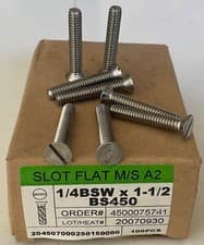 Image of 1/4 BSW x 1 1/2”  STAINLESS STEEL COUNTERSUNK MACHINE SCREW .BARGAIN BOX OF 100