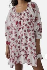 Image of FREE PEOPLE CAMELLA MINI DRESS TIE-NECK FLORAL IVORY COMBO SIZE M