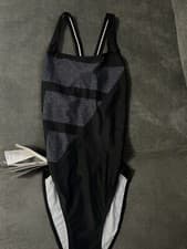 Image of Adidas Womens Big Bars Graphic Swimsuit hr4381 Black/Silver Violet/White UK 10
