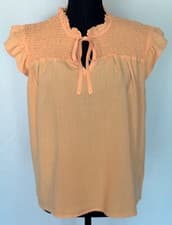 Image of For The Republic $58 Tangerine Smocked Ruffle Tie-Neck Lyocell Blouse NWT