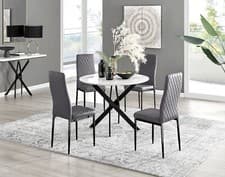 Image of Novara White Gloss Black Leg Round Dining Table & 4 Velvet Milan Black Leg Chai