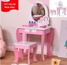 Image of Kids Dressing Table, Girls Vanity Set w/ Mirror and Stool, Unicorn-Designed