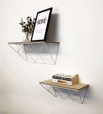 Image of White Metal Wire Shelves Wood Wall Mounted Storage Shelf Home Decor Set of 2