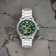 Image of New Emporio Armani Green Skeleton Meccanico Automatic Mens Steel Watch AR60053