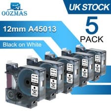 Image of 5PK Dymo D1 Label Tape 45013 Black on White 12mm for Dymo Label Manager 160 280