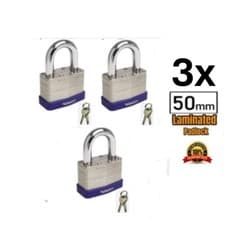 Image of 3x Laminated Padlocks Steel Short Shackle Riveted Body - Weatherproof - Set of 3