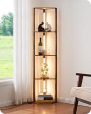 Image of LED Floor Lamps with Shelves, 4 Layers Wood Dimmable Standing Lamp Dark Brown