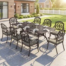 Image of 9 Piece Cast Aluminium Garden Dining Set with Cushions, Parasol Hole for Patio