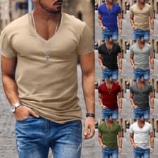 Image of Men Summer Tops V Neck Muscle T Shirt Mens Slim Fit Short Sleeve Sport Blouse