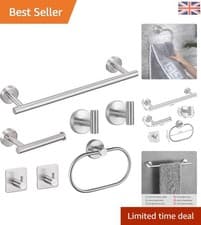 Image of Elegant 7-Piece Stainless Steel Bathroom Accessory Set - Polished Silver Finish