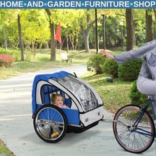 Image of Kids Bike Trailer 2-Seater Steel Frame Bicycle Wagon w/ Roll-Up Door Blue/White