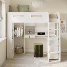 Image of High Sleeper Loft Bed with Desk and Wardrobe in White - Carter CRT002