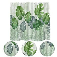 Image of Light Green Polyester Shower Curtain with Leaf Pattern for Bathroom