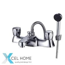 Image of Hestia Deck-Mounted Bath & Shower Mixer Tap - Chrome, Dual Lever, Handheld