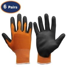 Image of Safety Gloves PU Palm Orange/Black Work Builder Hand Protection Small 6-Pairs