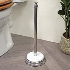 Image of Free Standing Chrome & White "Opera" Spare Toilet Roll Holder Bathroom Tidy