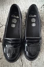 Image of Clarks Girls Scala Bright Y Loafers School Shoes - Black- Size 1F 