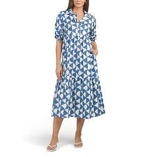 Image of NEW Rachel Zoe Blue White Geometric Midi Dress Sz M Button Front Tiered Pockets
