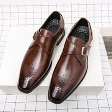 Image of Men's Handmade Black Leather Monk Strap Oxford Dress Shoes Wedding Party Formal