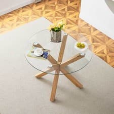 Image of Round Tempered Glass Dining Table Wooden Legs 100cm Kitchen Dining Room