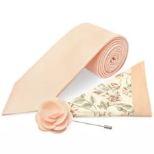 Image of Classic Peach Mens Tie with Pocket Square and Lapel Pin Set Wedding Tie Set