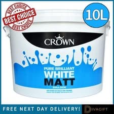 Image of CROWN MATT EMULSION PAINT PURE BRILLIANT WHITE 10L FOR WALLS & CEILINGS NEW
