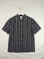 Image of FARAH Casual Fit Short Sleeve Striped Overshirt - Navy - Medium M RRP £65